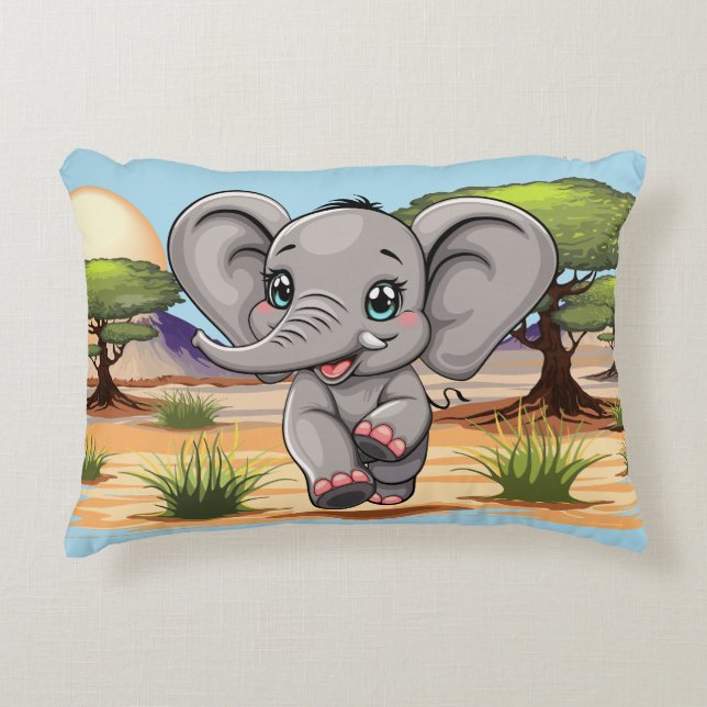 Elephant Baby Jumping Happy in African Savannah Accent Pillow (Front)