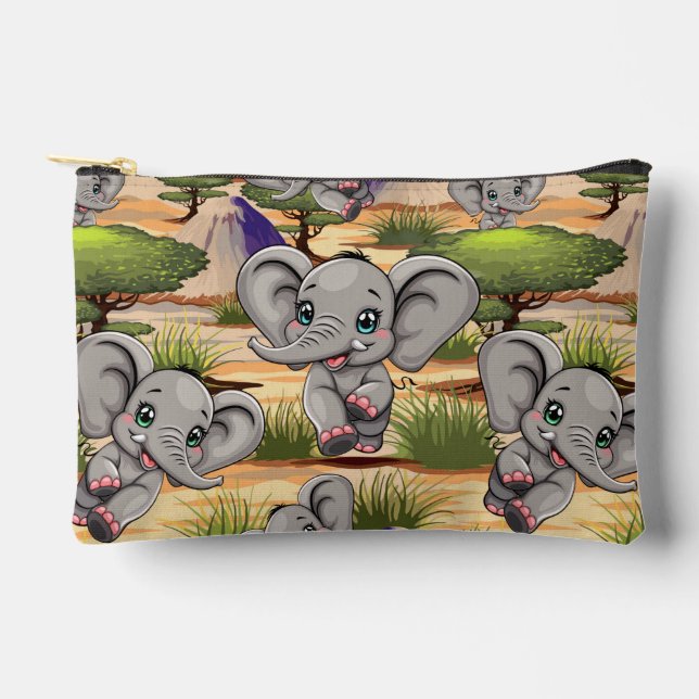 Elephant Baby Jumping Happy in African Savannah Accessory Pouch (Front)