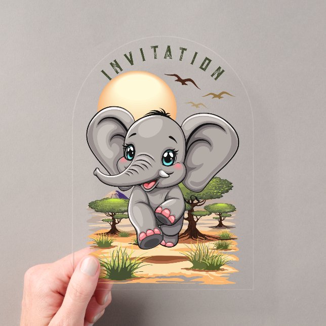 Elephant Baby Jumping Happy in African Savannah Acrylic Invitations (Insitu (Handheld))