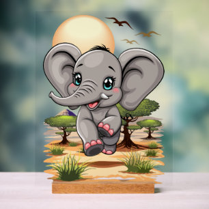 Elephant Baby Jumping Happy in African Savannah Acrylic Sign
