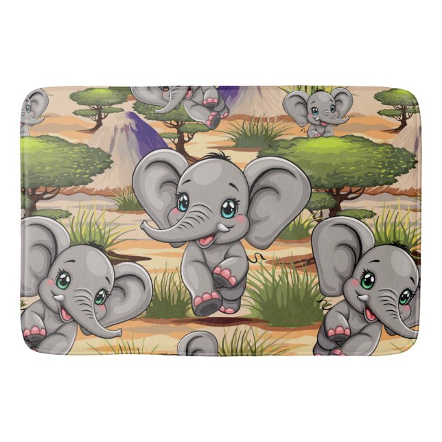 Elephant Baby Jumping Happy in African Savannah Bath Mat (Front)