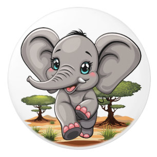 Elephant Baby Jumping Happy in African Savannah Ceramic Knob