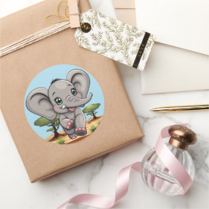 Elephant Baby Jumping Happy in African Savannah Classic Round Sticker