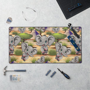 Elephant Baby Jumping Happy in African Savannah Desk Mat