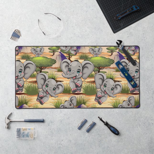Elephant Baby Jumping Happy in African Savannah Desk Mat (Workstation)