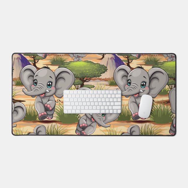 Elephant Baby Jumping Happy in African Savannah Desk Mat (Keyboard & Mouse)