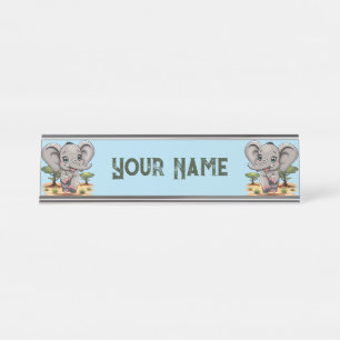 Elephant Baby Jumping Happy in African Savannah Desk Name Plate