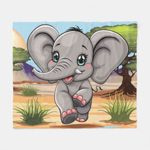 Elephant Baby Jumping Happy in African Savannah Fleece Blanket