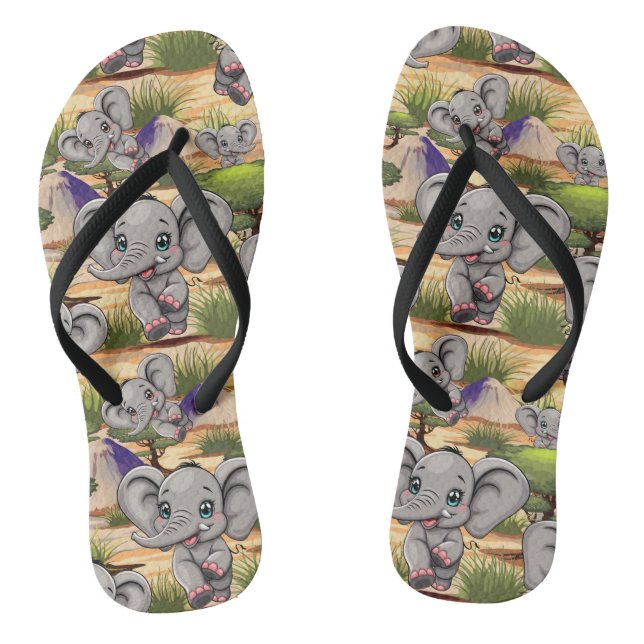 Elephant Baby Jumping Happy in African Savannah Flip Flops (Footbed)