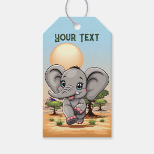 Elephant Baby Jumping Happy in African Savannah Gift Tags
