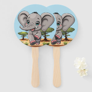 Elephant Baby Jumping Happy in African Savannah Hand Fan