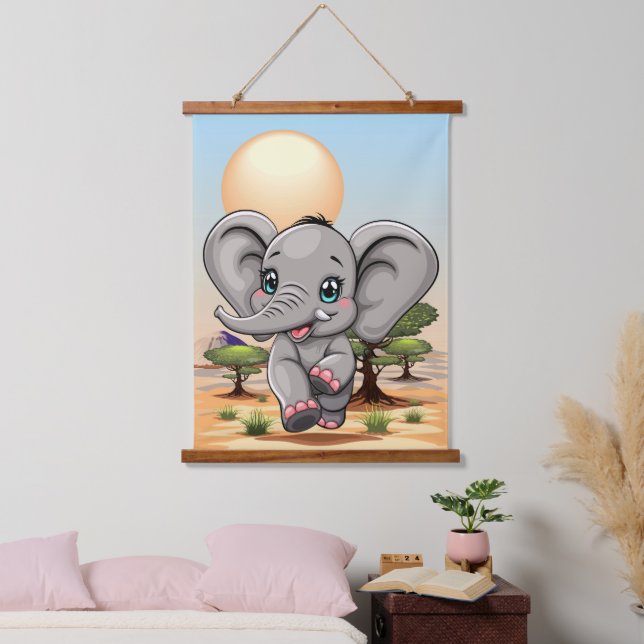Elephant Baby Jumping Happy in African Savannah Hanging Tapestry (Bedroom)