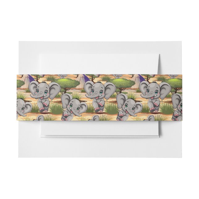 Elephant Baby Jumping Happy in African Savannah Invitation Belly Band (Front Example)