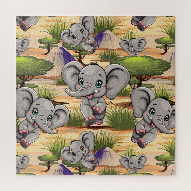 Elephant Baby Jumping Happy in African Savannah Jigsaw Puzzle (Vertical)