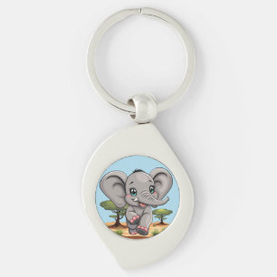 Elephant Baby Jumping Happy in African Savannah Keychain
