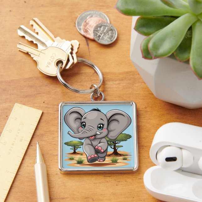 Elephant Baby Jumping Happy in African Savannah Keychain (Desk)