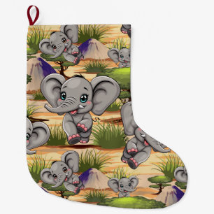 Elephant Baby Jumping Happy in African Savannah Large Christmas Stocking