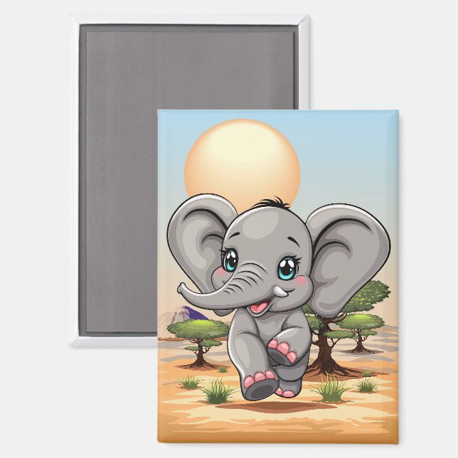 Elephant Baby Jumping Happy in African Savannah Magnet (Front/Back)