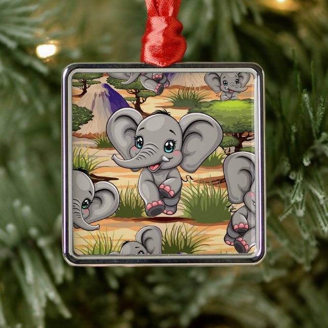 Elephant Baby Jumping Happy in African Savannah Metal Ornament (Tree)