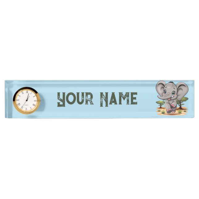 Elephant Baby Jumping Happy in African Savannah Nameplate (Front)