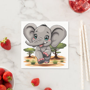 Elephant Baby Jumping Happy in African Savannah Napkin