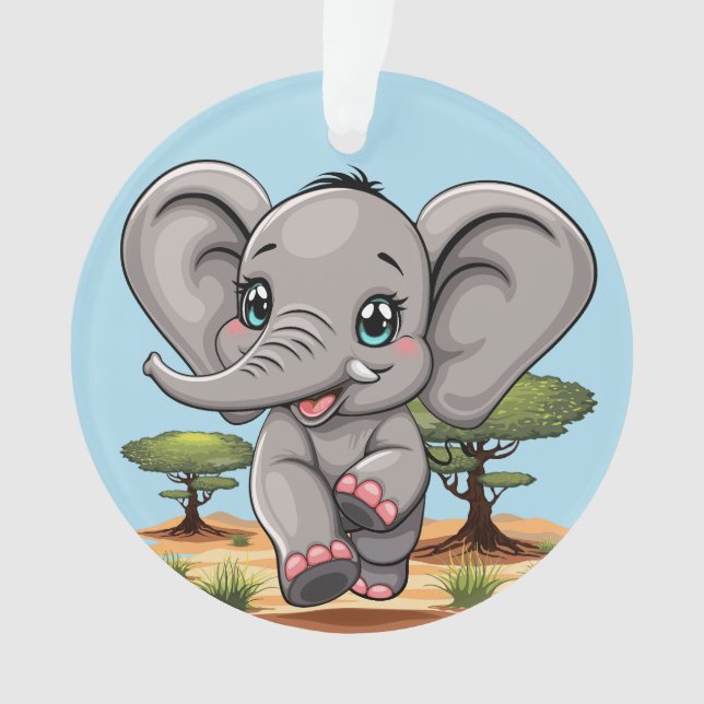 Elephant Baby Jumping Happy in African Savannah Ornament (Front)