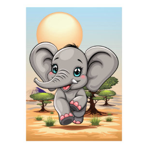 Elephant Baby Jumping Happy in African Savannah Photo Print