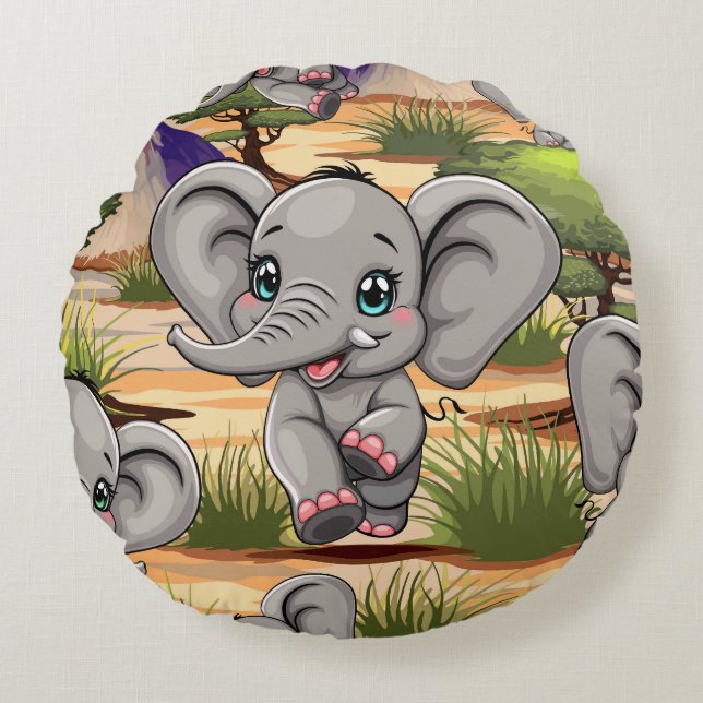 Elephant Baby Jumping Happy in African Savannah Round Pillow (Front)