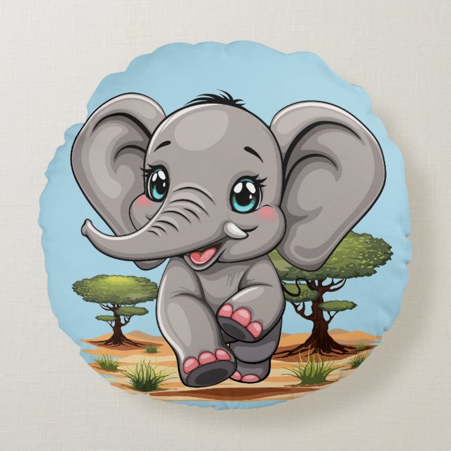 Elephant Baby Jumping Happy in African Savannah Round Pillow (Front)