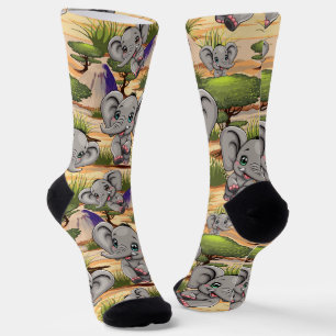 Elephant Baby Jumping Happy in African Savannah Socks