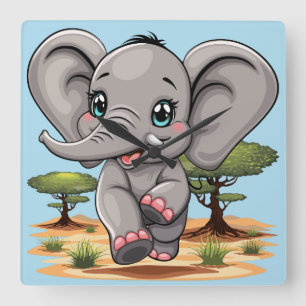 Elephant Baby Jumping Happy in African Savannah Square Wall Clock