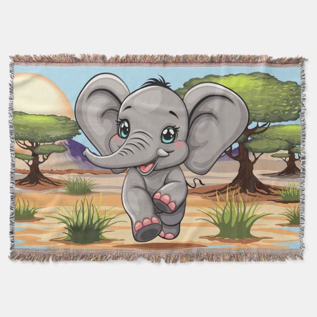 Elephant Baby Jumping Happy in African Savannah Throw Blanket (Front)