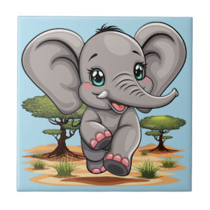 Elephant Baby Jumping Happy in African Savannah Tile