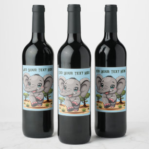 Elephant Baby Jumping Happy in African Savannah Wine Label