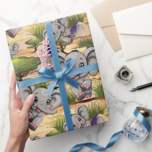 Elephant Baby Jumping Happy in African Savannah Wrapping Paper