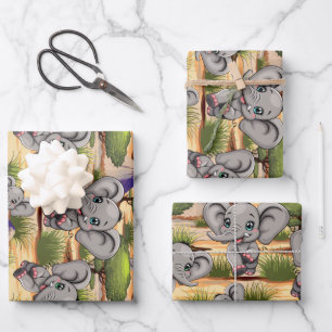 Elephant Baby Jumping Happy in African Savannah Wrapping Paper Sheet