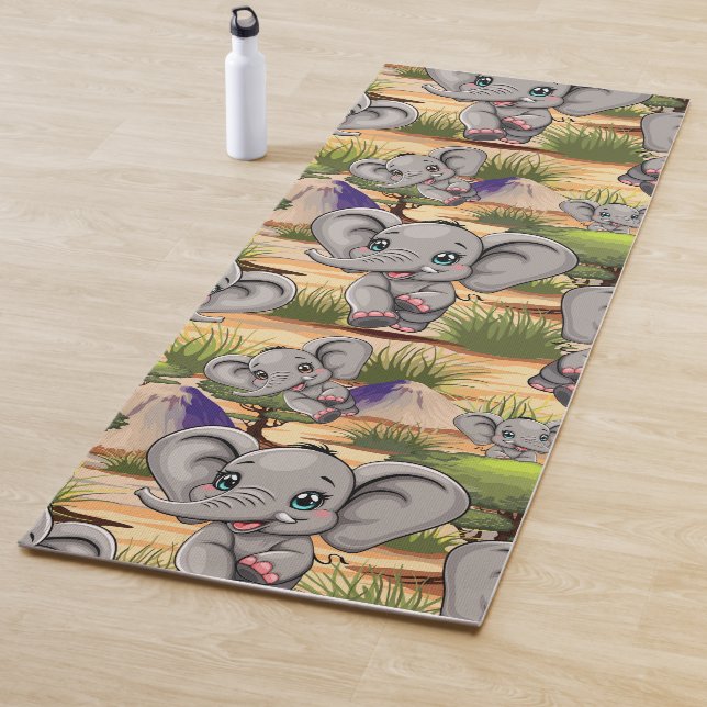Elephant Baby Jumping Happy in African Savannah Yoga Mat (In Situ)