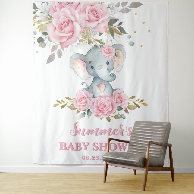 Elephant Baby Pink Floral Baby Shower Backdrop Tapestry (In Situ)