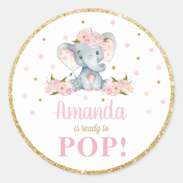 Elephant Baby Shower About Ready to Pop Favour Classic Round Sticker (Front)