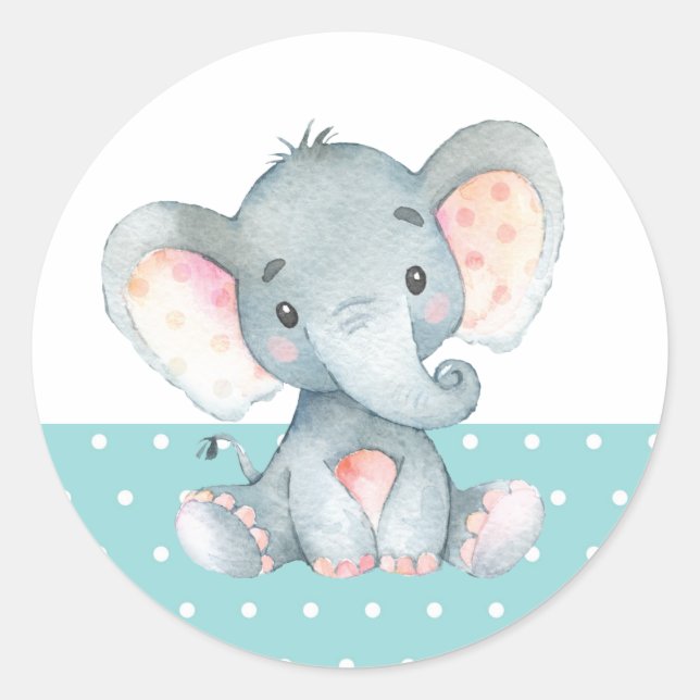 Elephant Baby Shower Aqua Classic Round Sticker (Front)