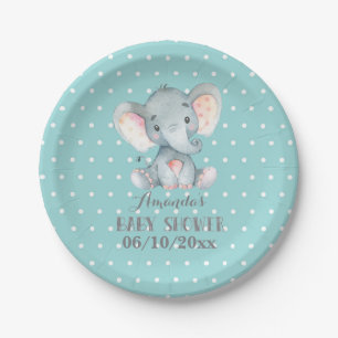 Elephant Baby Shower Aqua Paper Plate