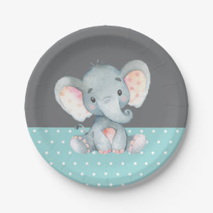 Elephant Baby Shower Aqua Teal Turquoise and Grey Paper Plate