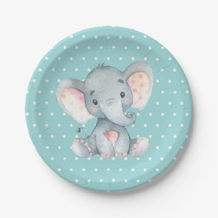 Elephant Baby Shower Aqua Teal Turquoise Paper Plate