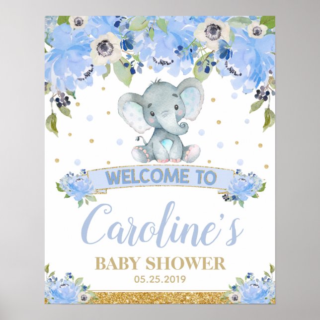 Elephant Baby Shower Baby Boy Welcome Sign Poster (Front)