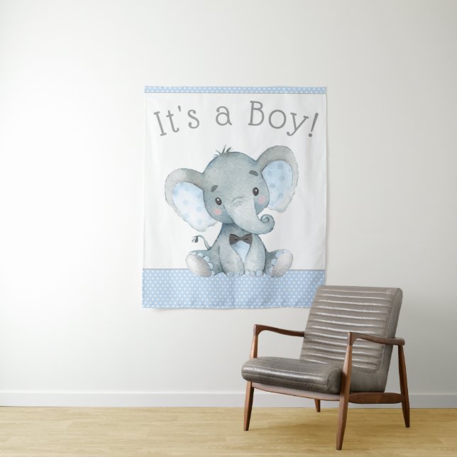 Elephant Baby Shower Backdrop Banner Tapestry (In Situ)