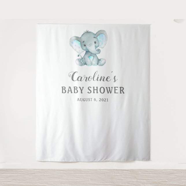Elephant Baby Shower Backdrop, Photo Booth Prop Tapestry (Front)