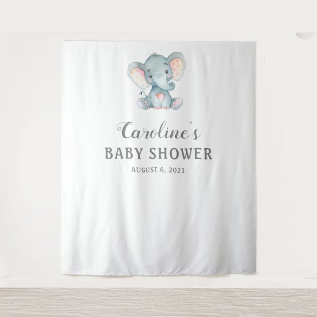 Elephant Baby Shower Backdrop, Photo Booth Prop Tapestry (Front)