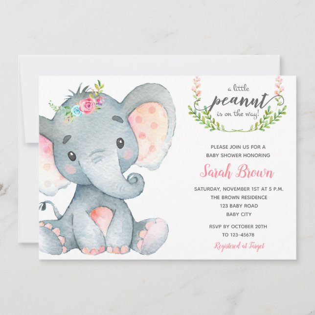 Elephant baby shower bébé fille invitation douche (Devant)