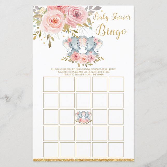 Elephant Baby Shower Bingo Game Activity Twin Girl (Front)