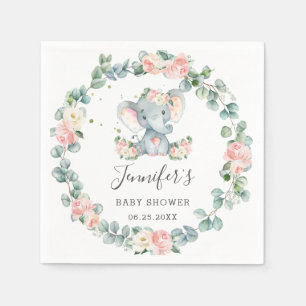 Elephant Baby Shower Birthday Pink Floral Greenery Napkin